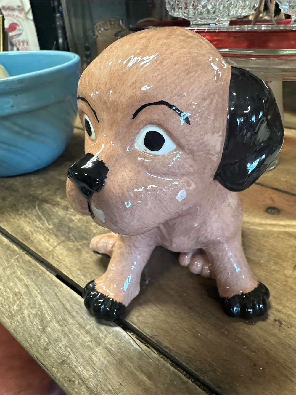 Vintage Ceramic Beige and Black Puppy Figurine - Decorative Dog Statue